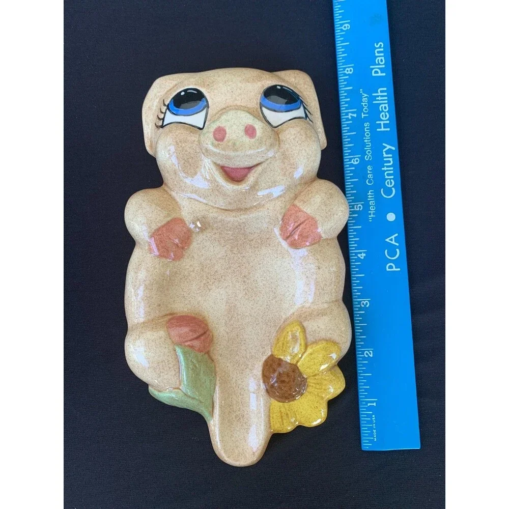 Vintage Anthropomorphic Pig Spoon Rest Flowers Big Eyes Smiling
